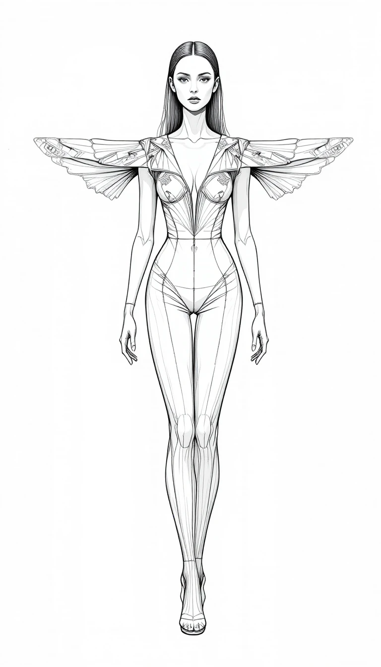Androgynous fashion figure in sculptural couture gown sketch