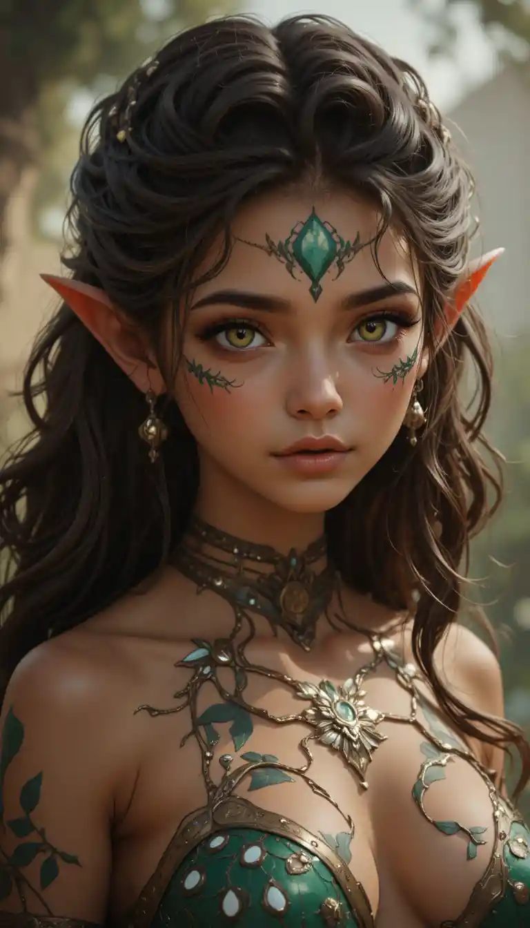 Brown skinned fantasy girl with green eyes in Wakfu style