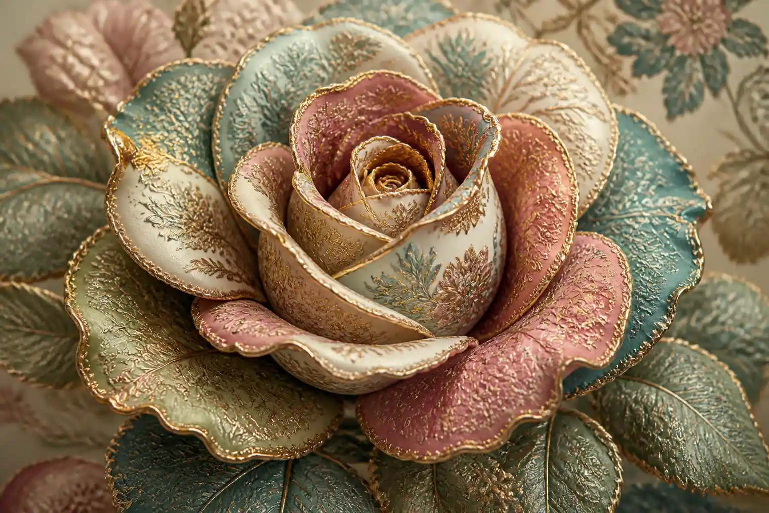 Filigrane mehrfarbige Rose mit kunstvoll gravierten Blütenblättern