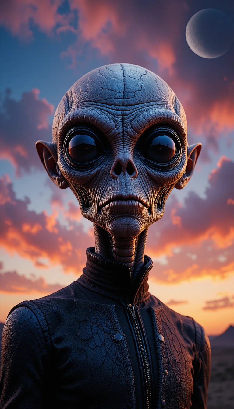 Cinematic close up of an aged humanoid alien under misty sky