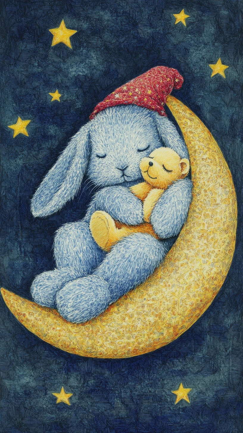 Conejo durmiendo en luna creciente con osito de peluche