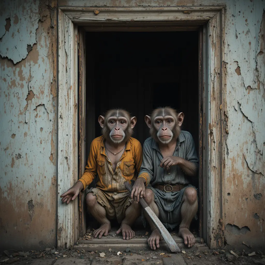 Old house with two monkeys in worn colorful clothes