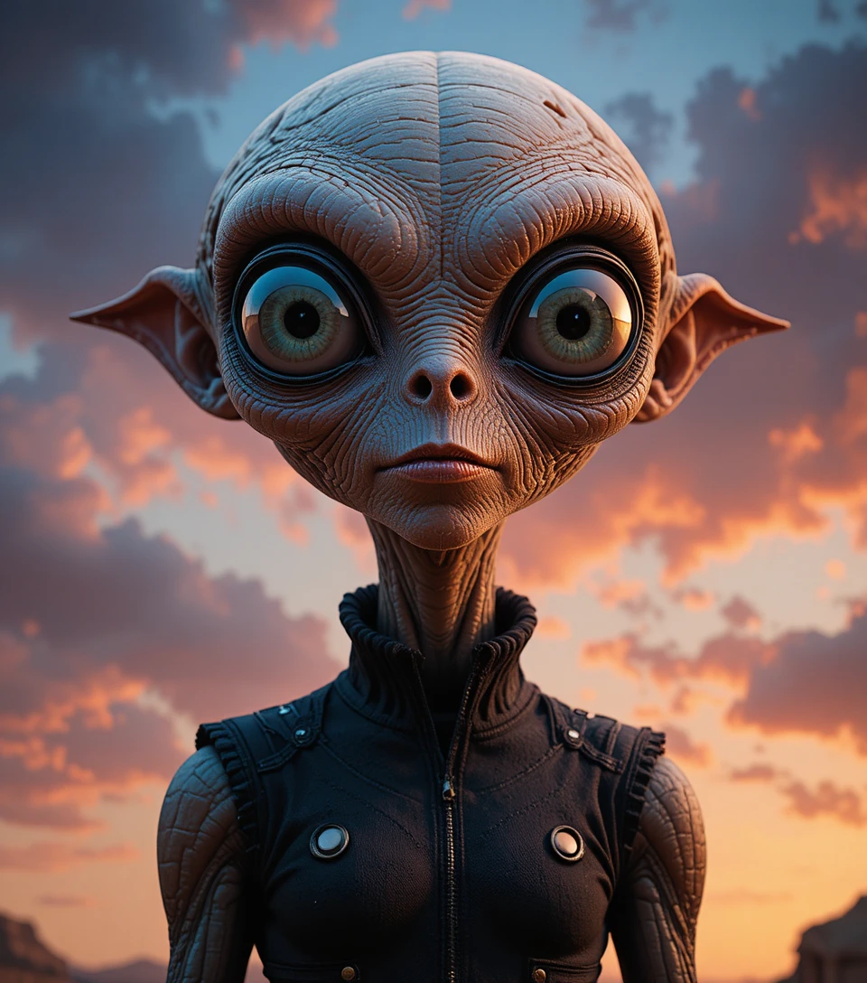 Cinematic close up of a humanoid alien under colorful sky