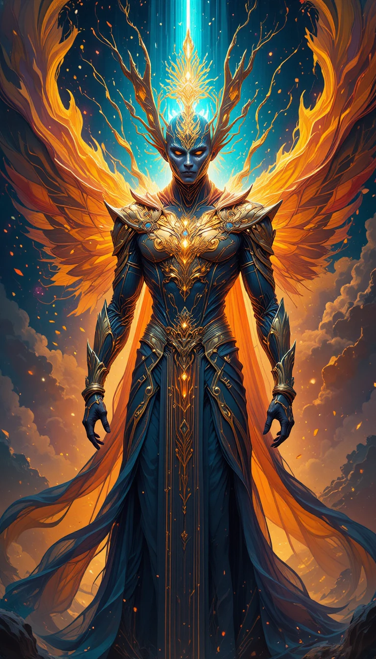 Majestic celestial guardian in ornate glowing ceremonial armor
