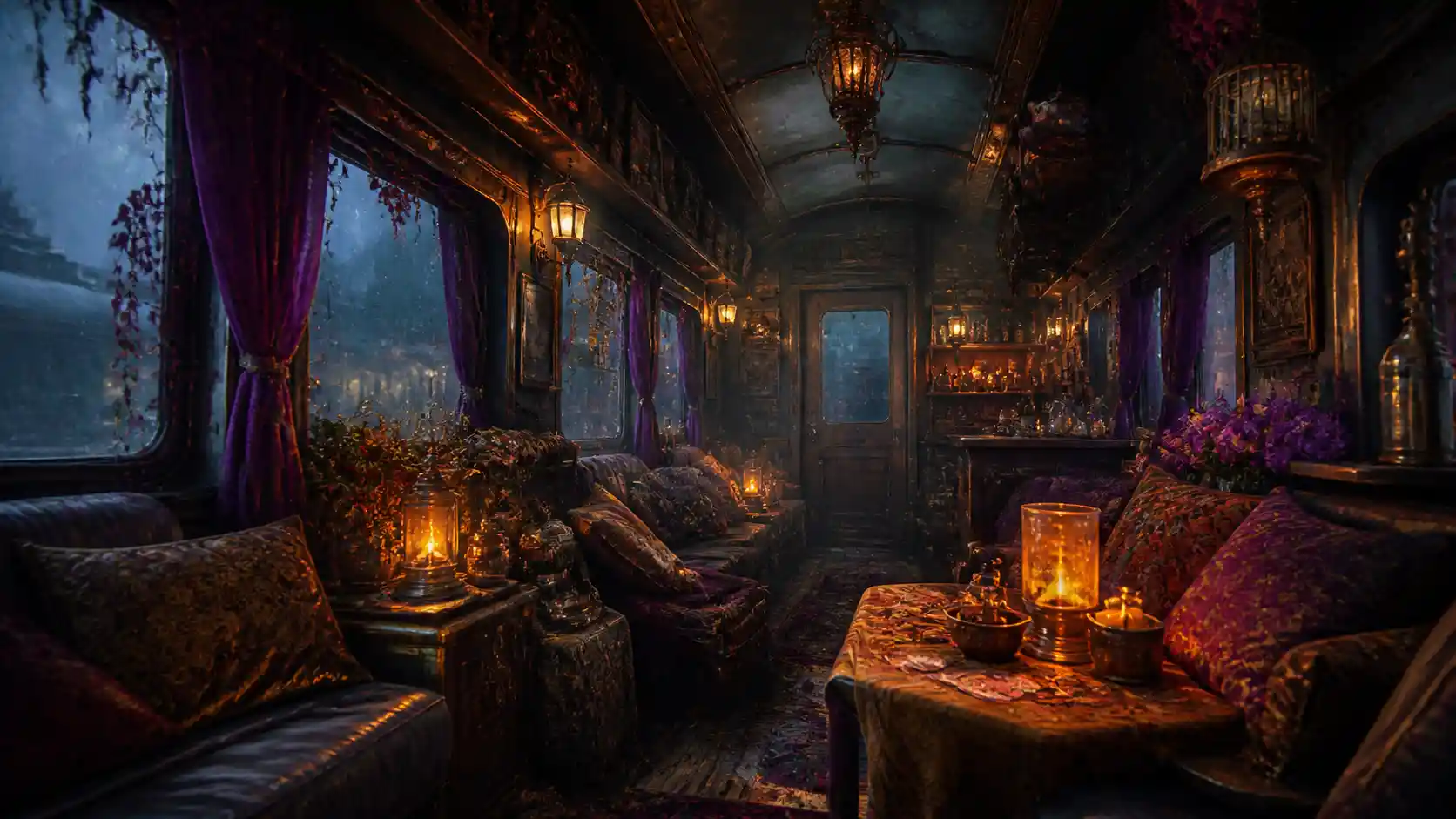 Surreal lounge inside an old train carriage with vivid decor
