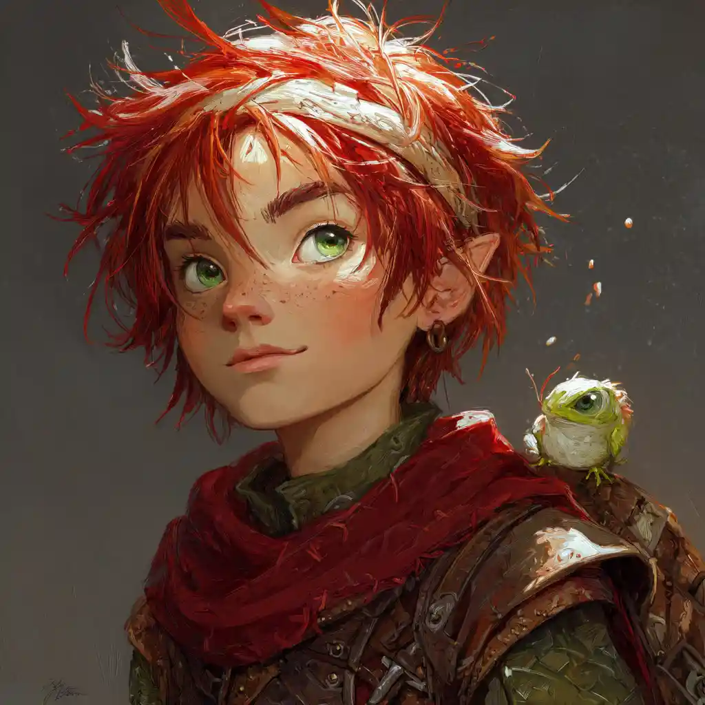Mischievous elf warlock boy with red hair and green eyes