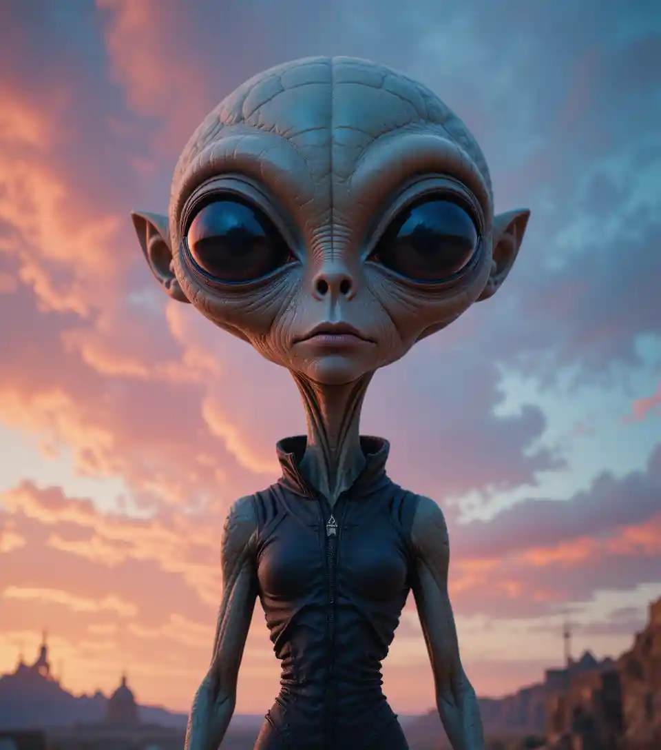 Cinematic close up of a humanoid alien under misty sky