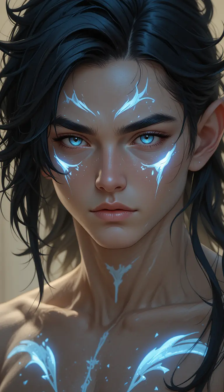 Golden eyed huppermage man with glowing elemental markings