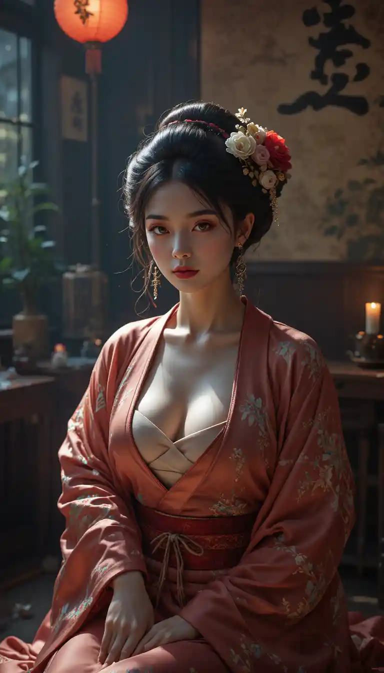 볼이 붉게 상기된 채 사케를 따르며 무릎 꿇은 게이샤