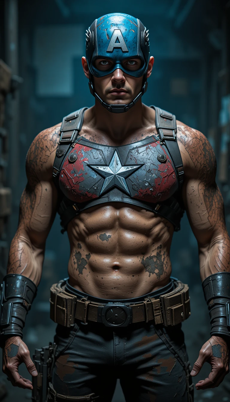 Gritty muscular man in worn superhero armor and helmet