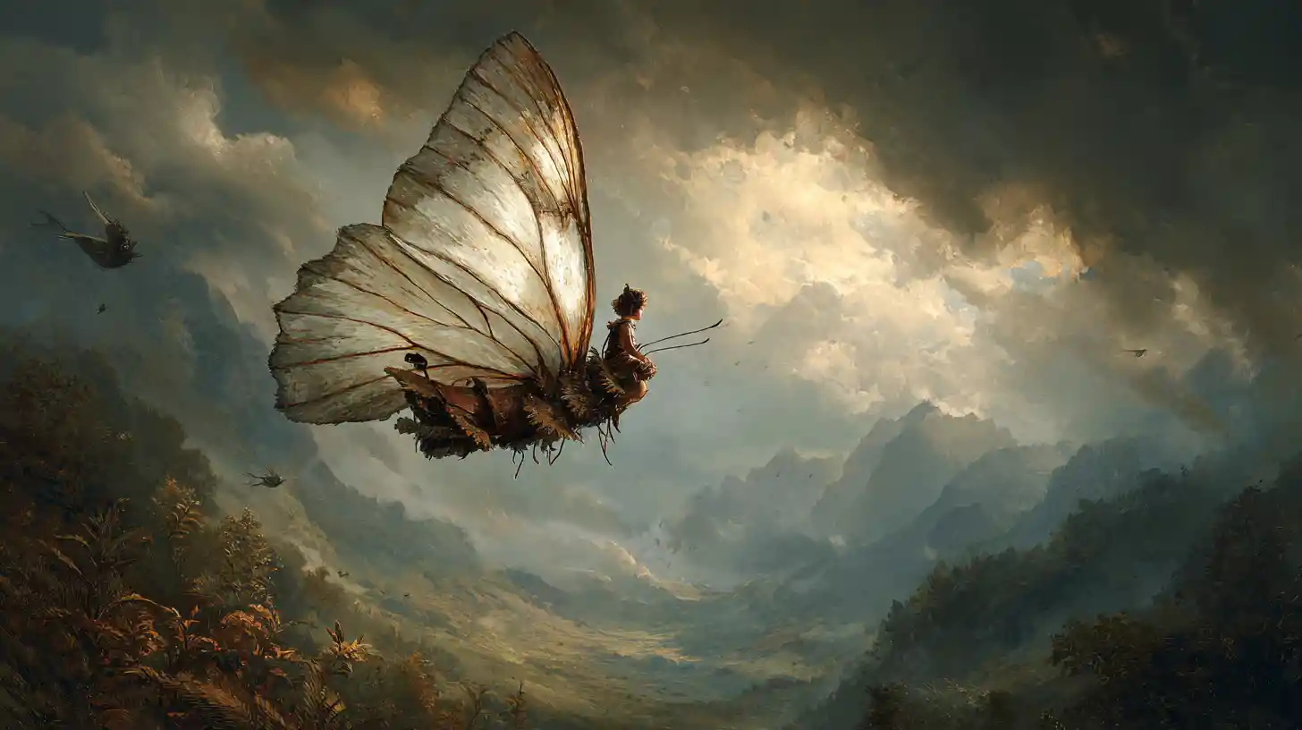Forest sprite riding a butterfly through a mountain valley