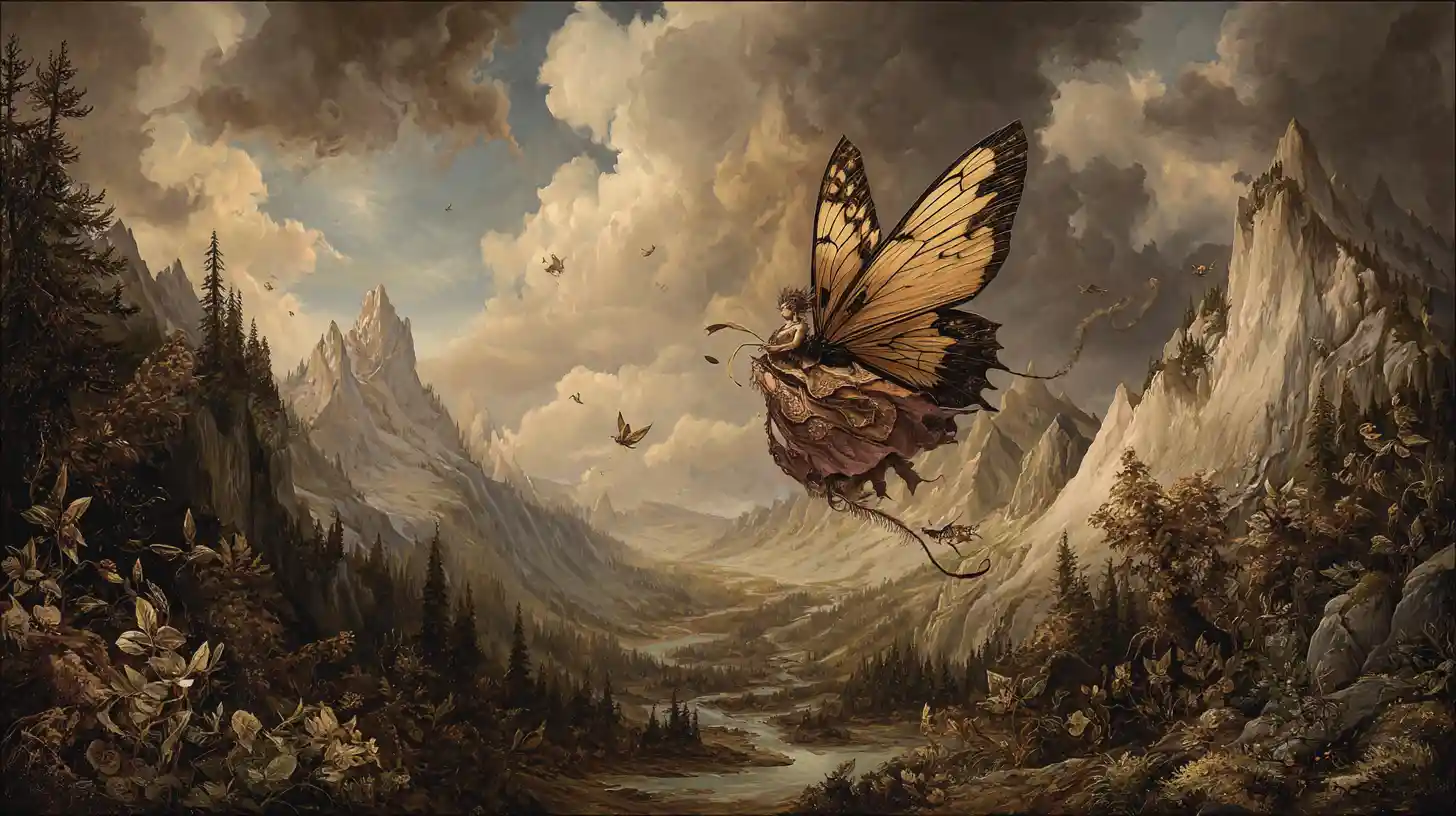 Forest fairy riding a butterfly through a mountain valley