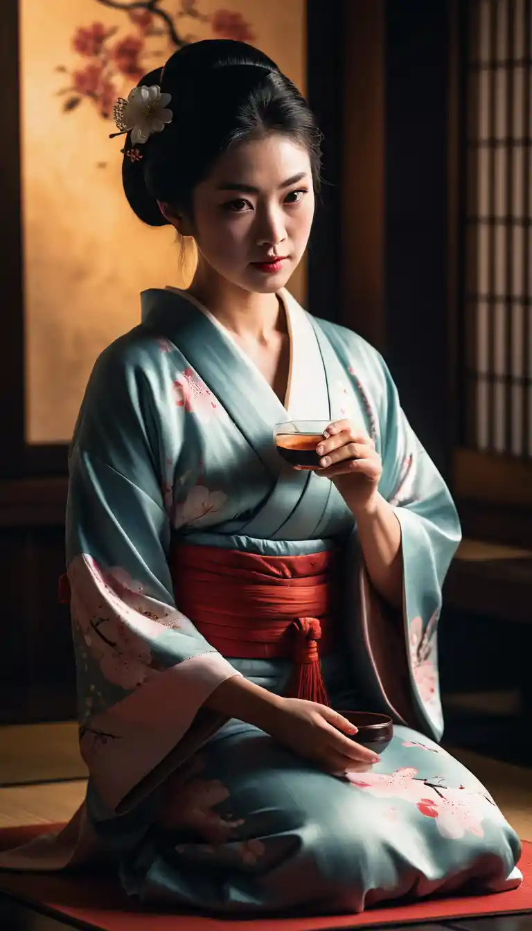 Geisha Kneeling To Serve Sake With Flushed Cheeks