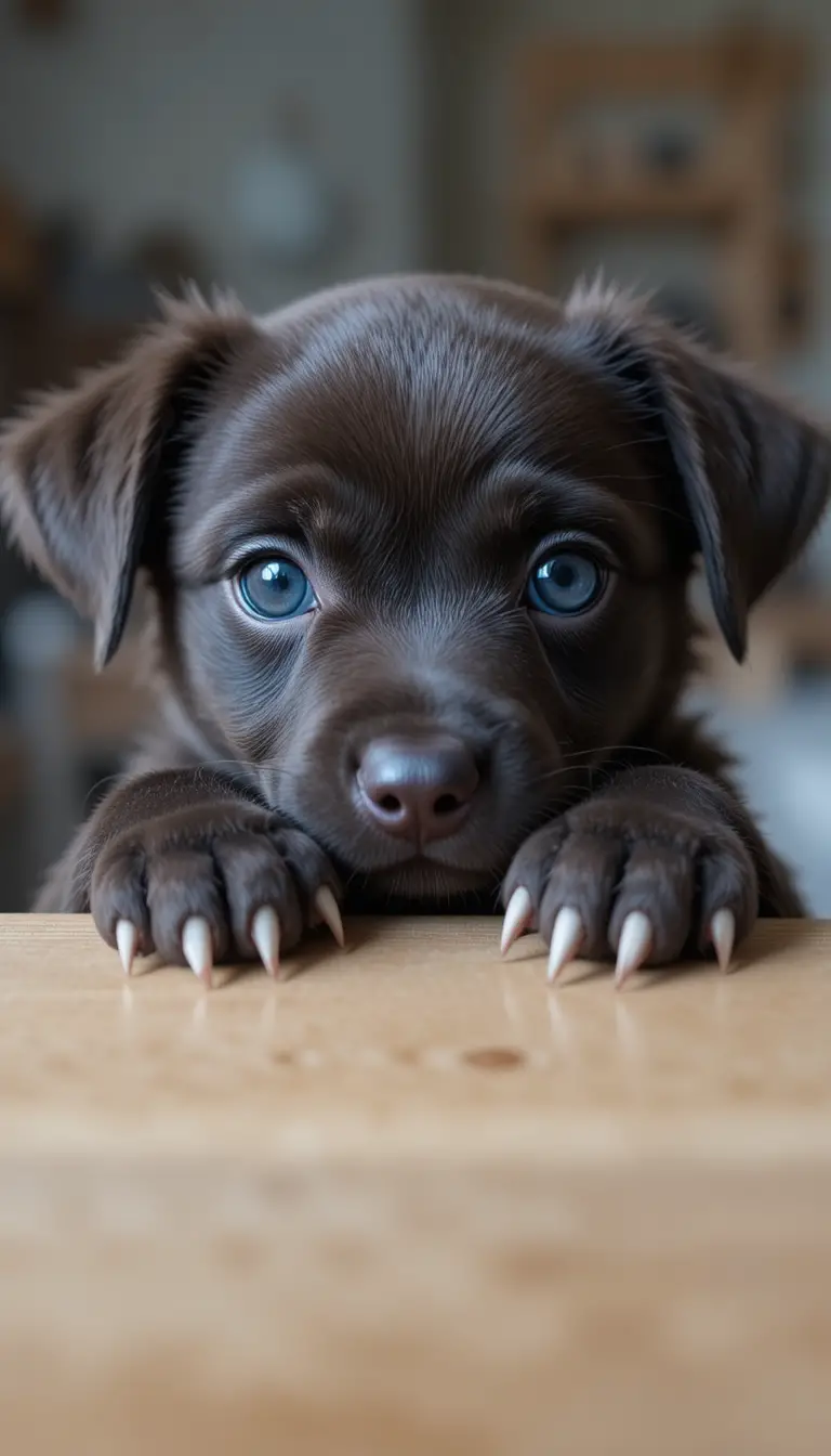 Cute brown puppy peeking over a wooden table edge
