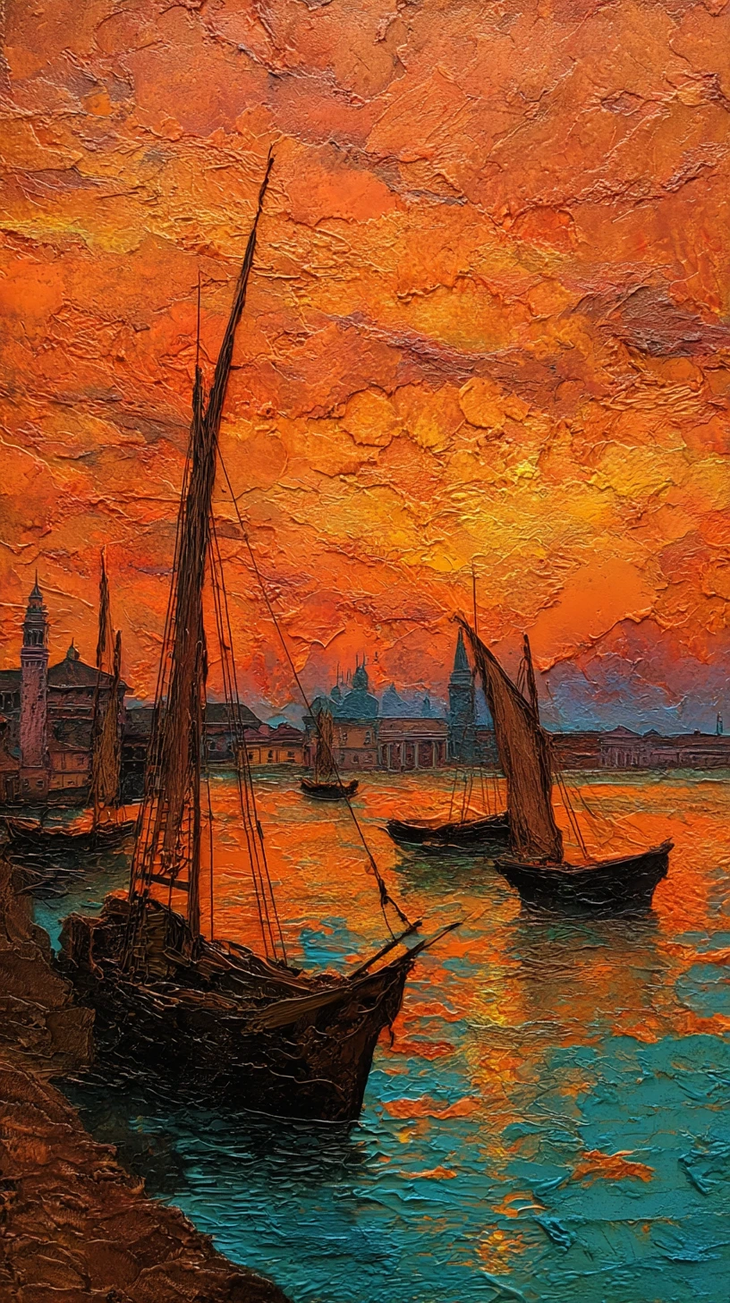 Barcos en el puerto de Venecia brillando en un atardecer de cera derretida