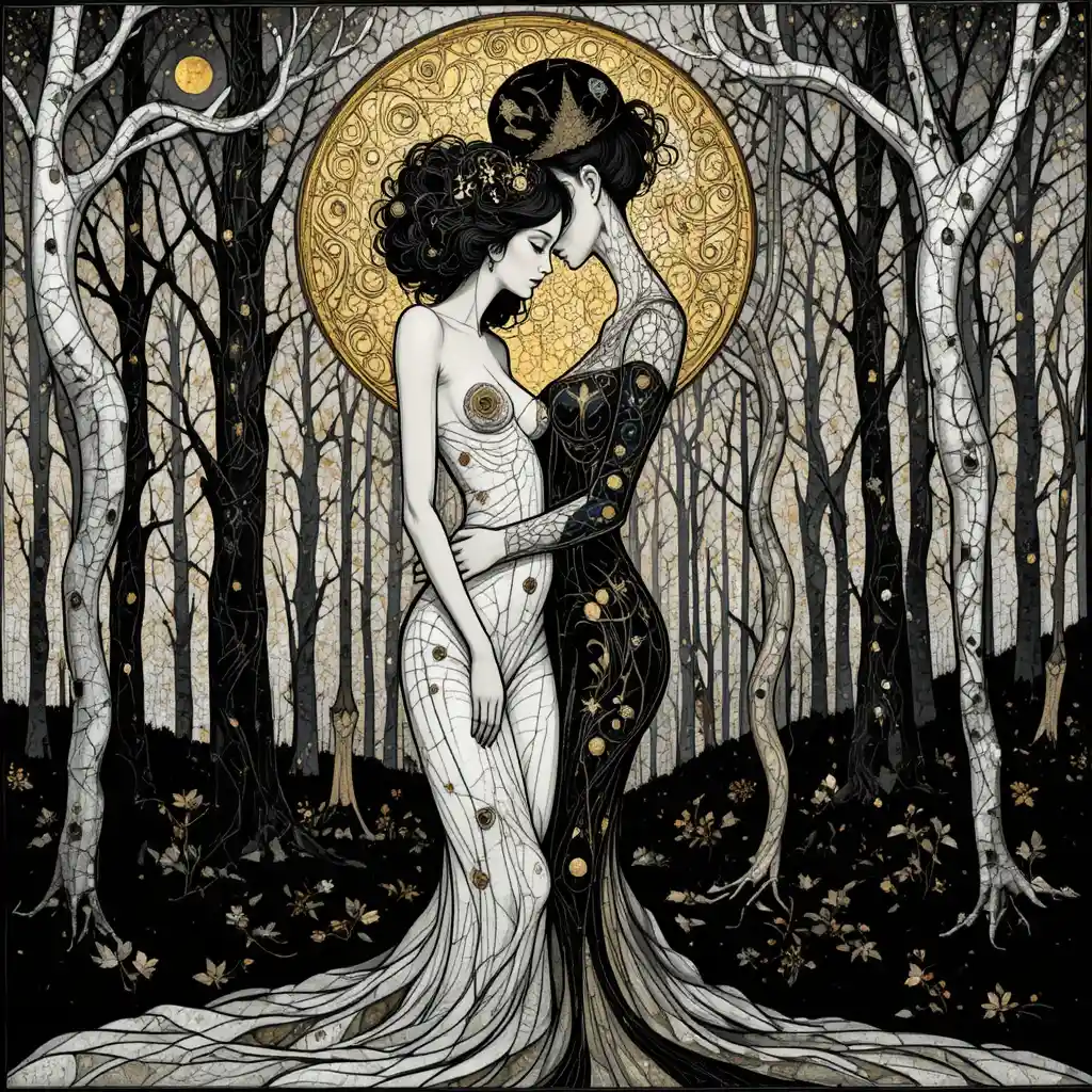 Monochrome abstract figures in a moonlit ornamental mosaic