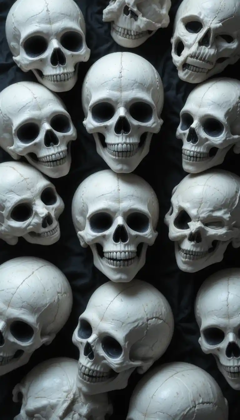 White skulls on a black and white urban decay background