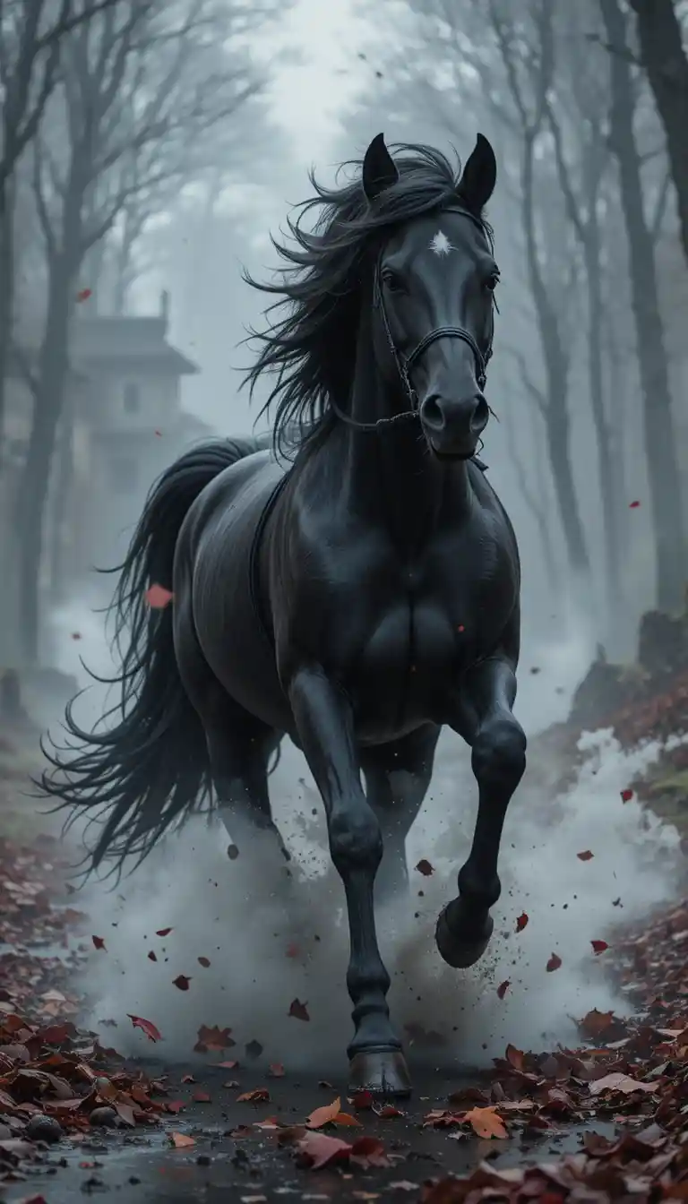 Black horse charging through a smoky forest landscape