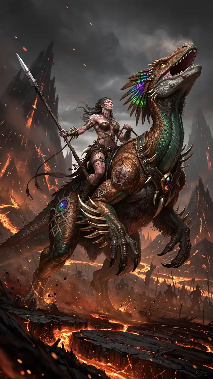 Primal goddess warrior riding a colossal feathered dinosaur