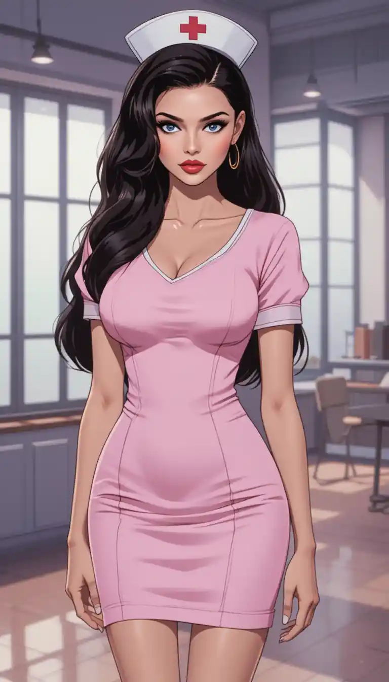 Confident nurse girl in pink uniform in bright room
