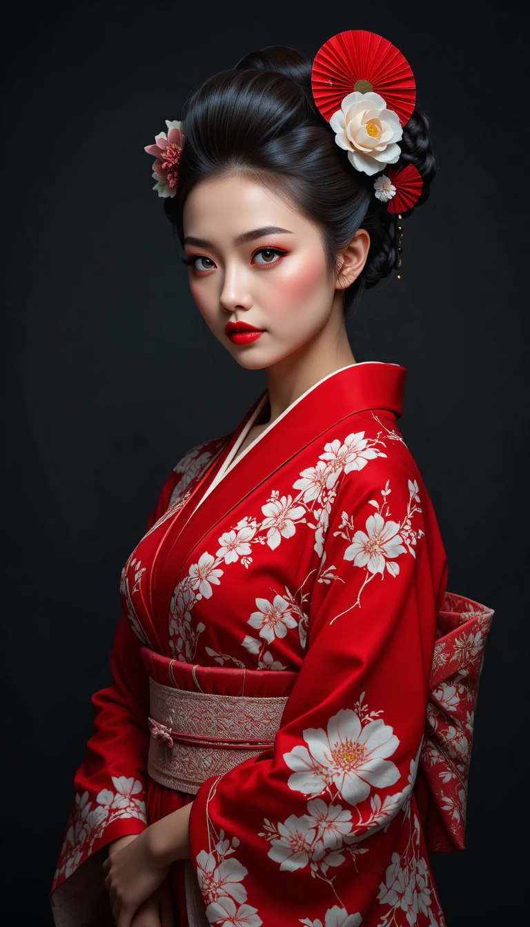 East Asian woman in red floral kimono against dark backdrop