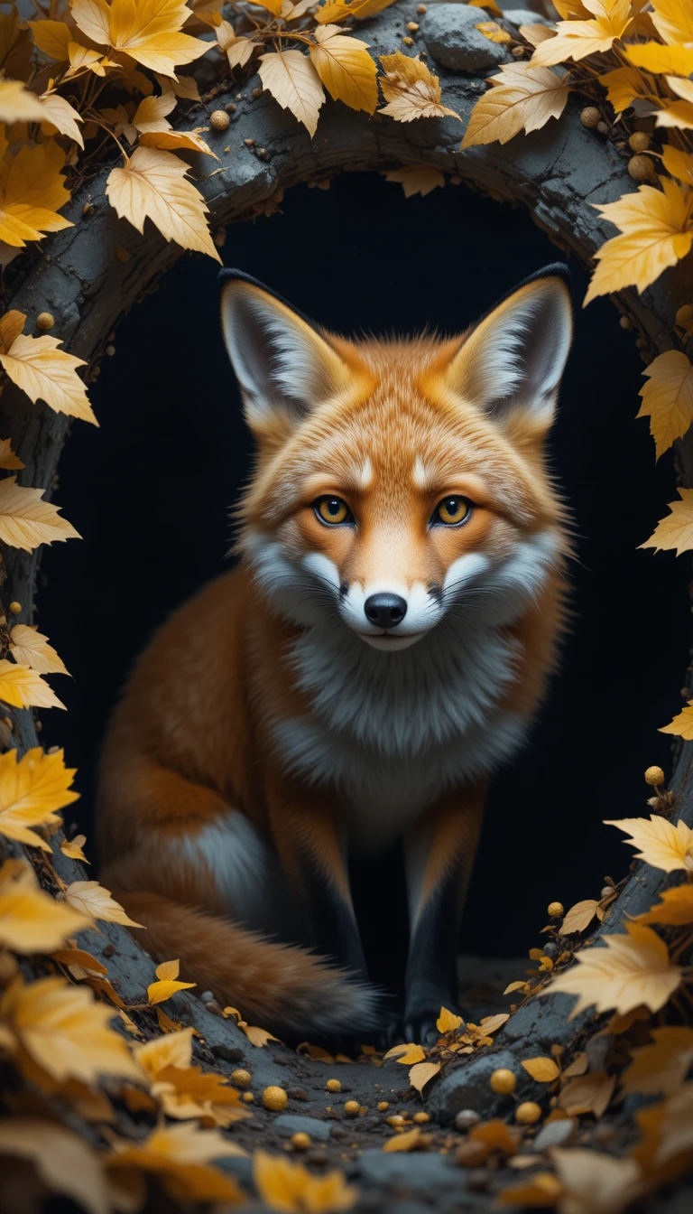 Alert fox in autumn hideout against dark void background