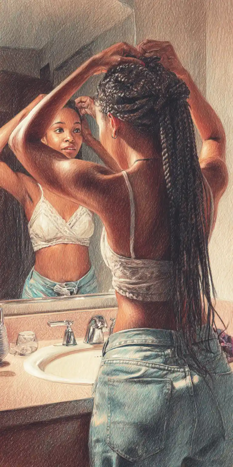 Young woman adjusting braids in a bathroom mirror