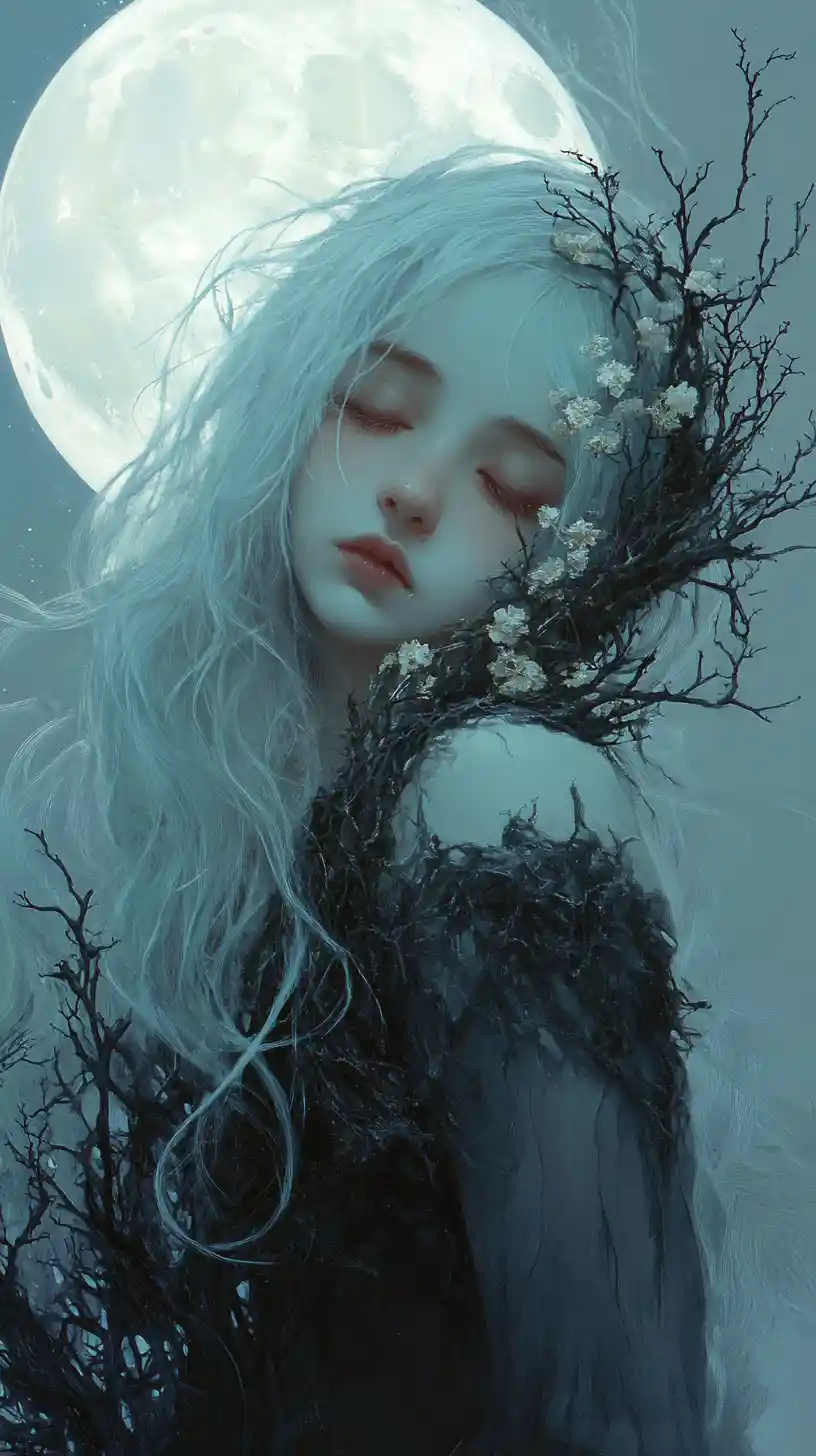 Garota de anime de cabelo azul sob uma lua cheia luminosa