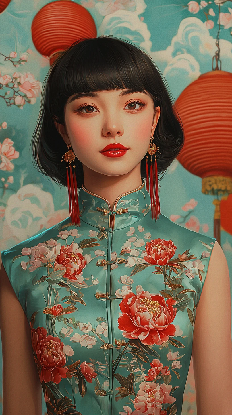 Elegant woman in teal qipao with floral lantern backdrop