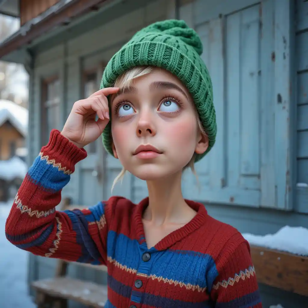 Playful blond boy in winter clothes covering his eyes
