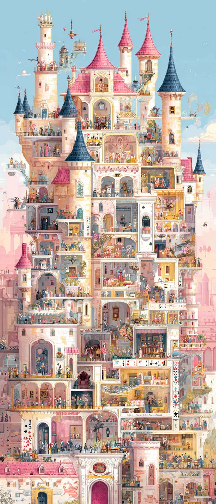 Castillo fantástico de Wonderland en corte transversal con soldados de cartas