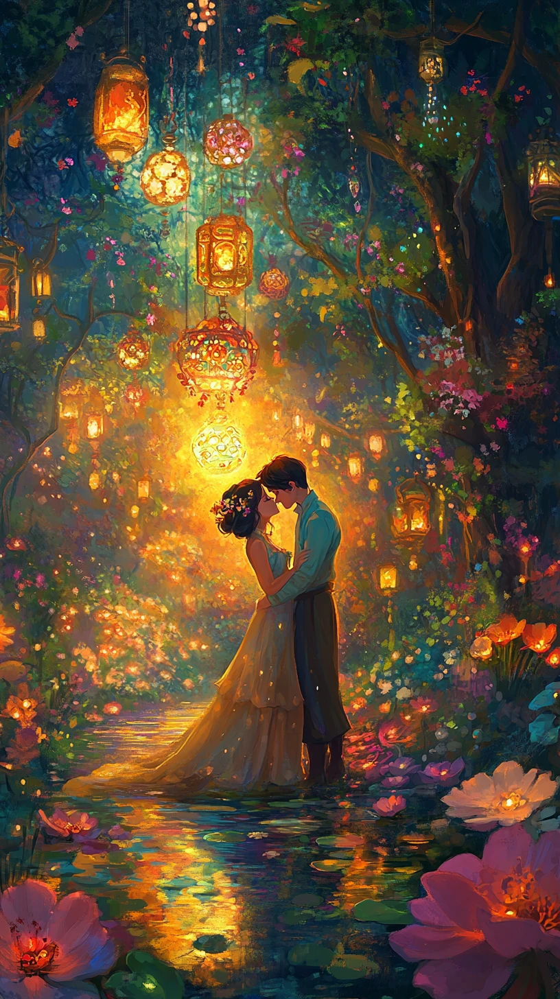 Romantic fire and water couple in a magical fantasy garden