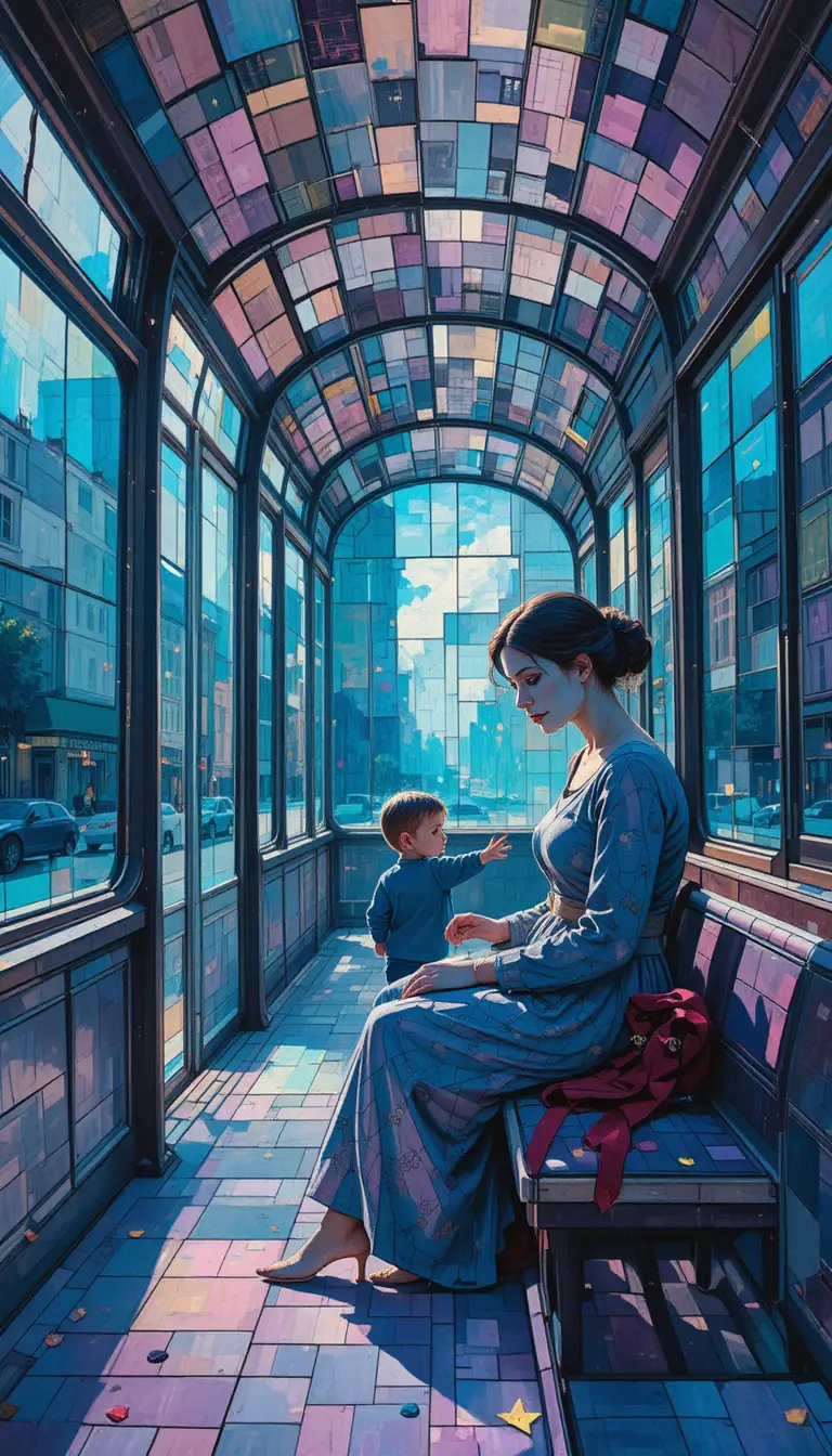 Mother and child waiting at a Paris bus stop