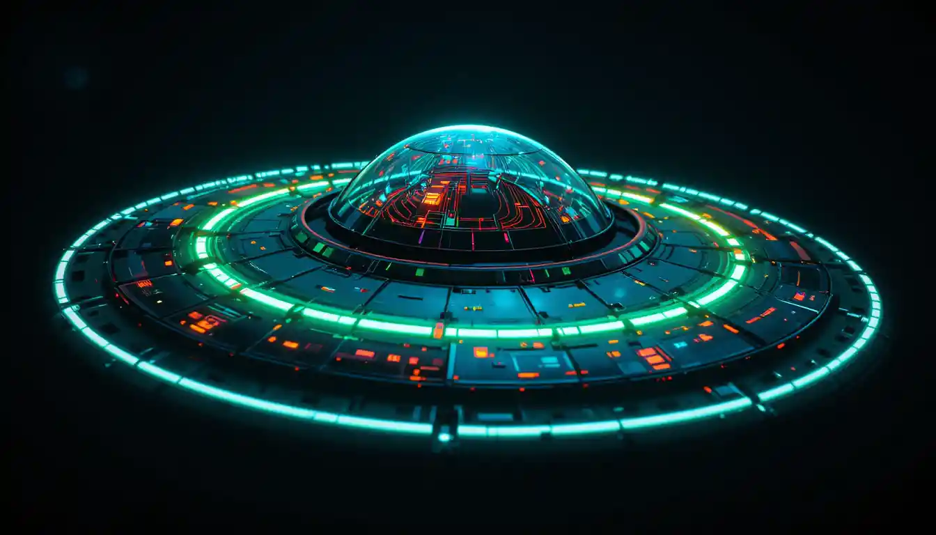 Retro futuristic flying saucer with neon colored lights