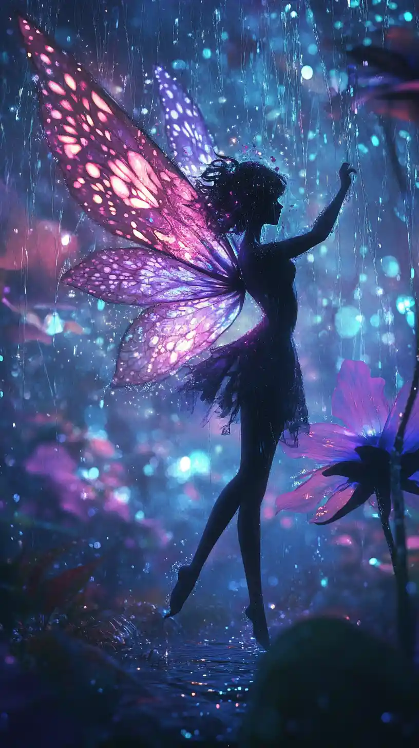 Charcoal fairy dancing in a misty monochrome fantasy garden