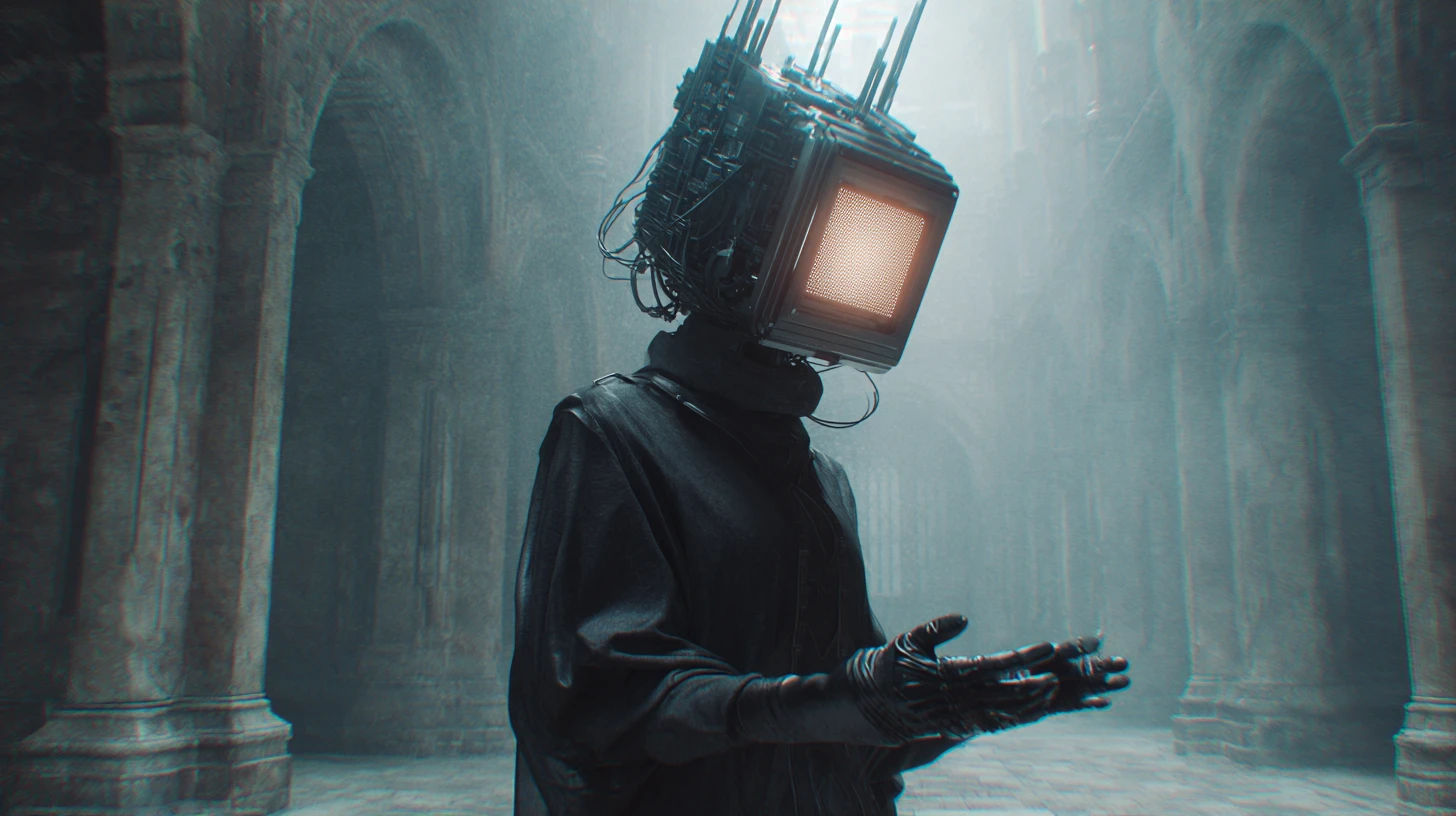 Armored man in black outfit in apocalyptic cinematic scene