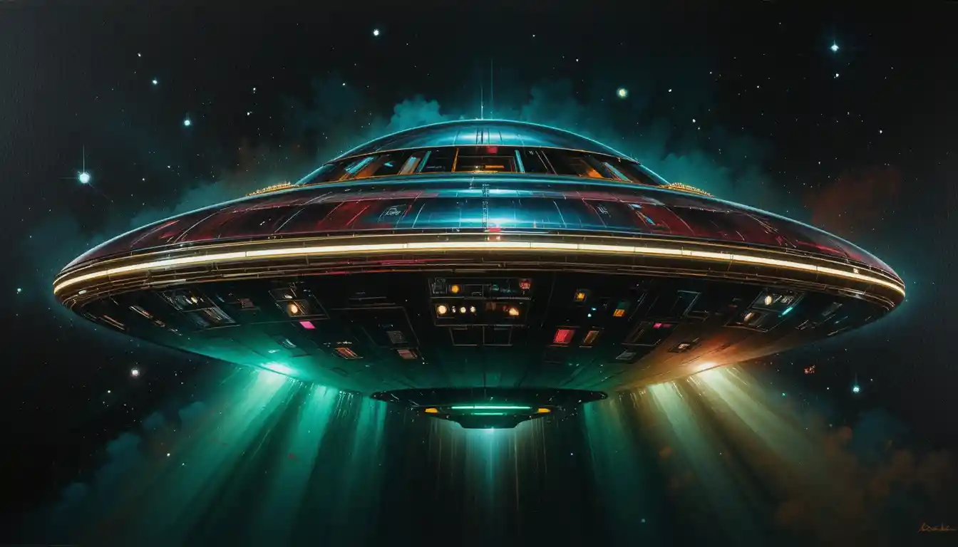 Retro futuristic ufo glowing with neon lights in darkness
