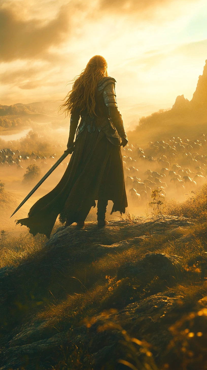 Female warrior in armor at sunset on grassy hills