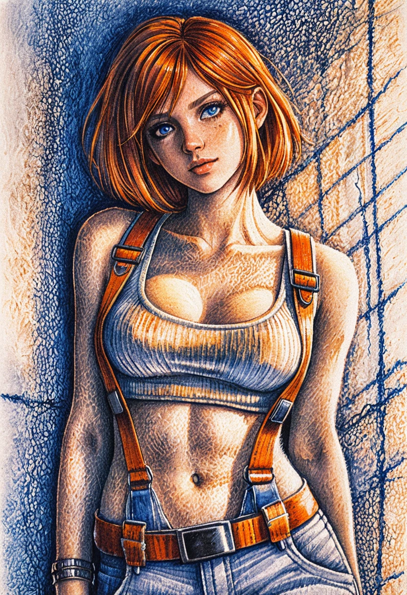 Donna anime con equipaggiamento arancione appoggiata a un muro di cemento
