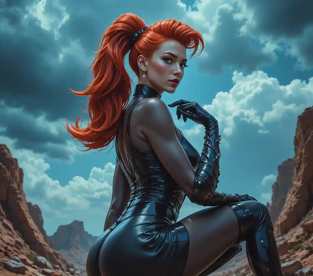 Red haired sci fi super heroine in dramatic side profile
