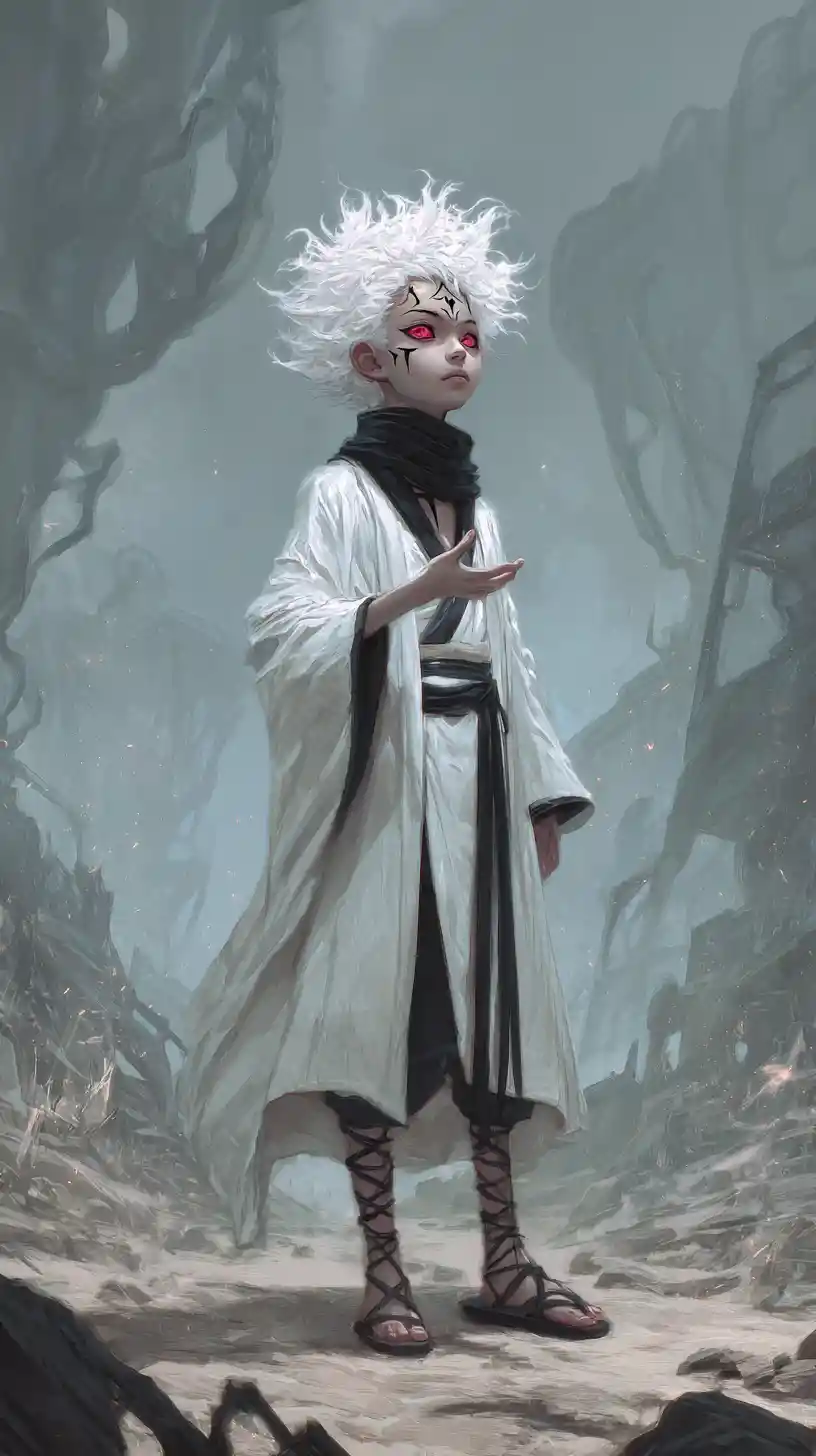 White haired fantasy boy under ethereal light in rocky wilds