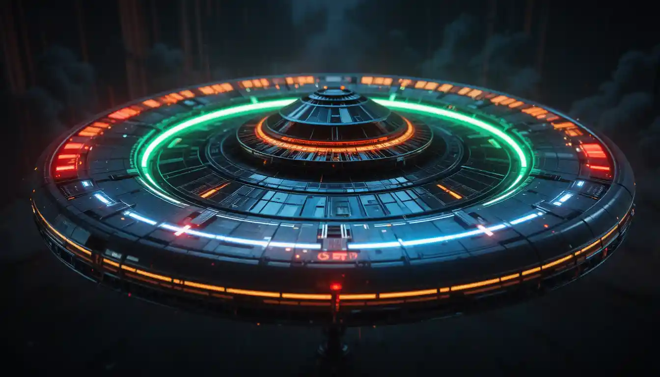 Retro futuristic flying saucer with neon colored lights