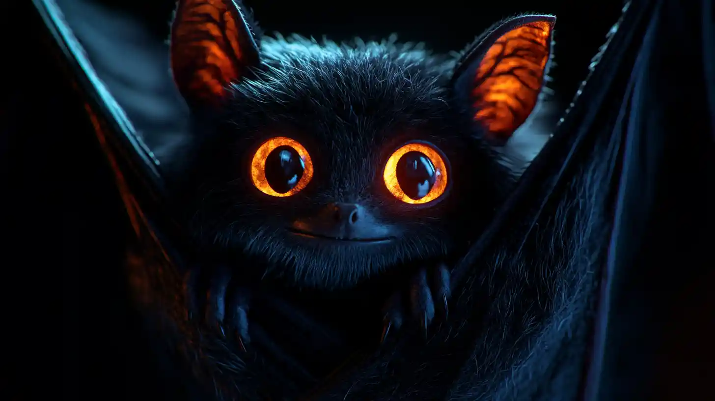 Cute shadow bat with glowing eyes in dark close up