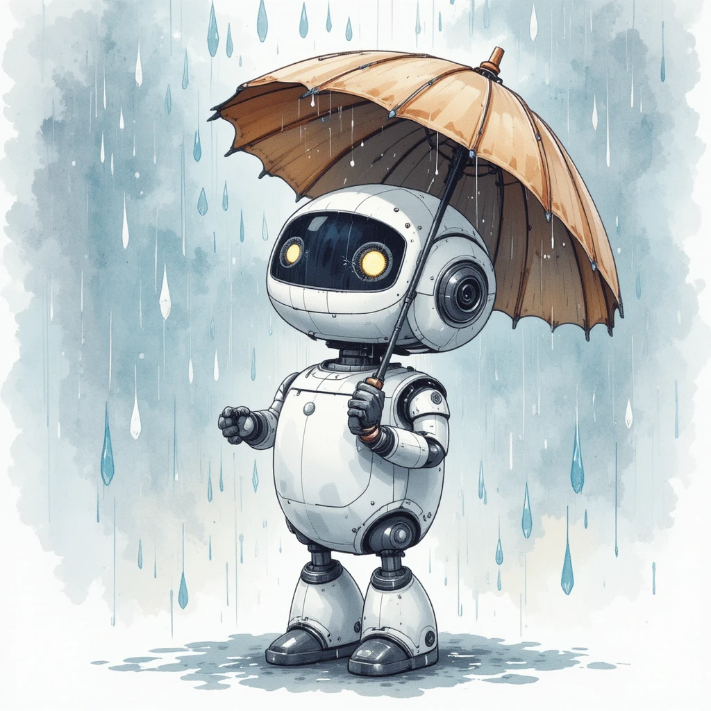 Cute little robot with umbrella in gentle watercolor rain