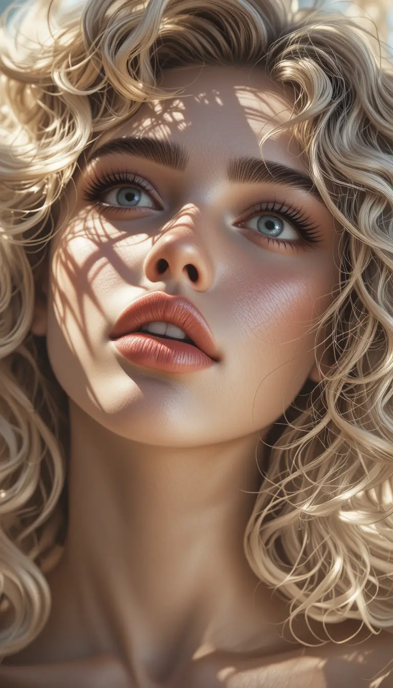 Dramatic close up portrait of blonde girl in patterned light