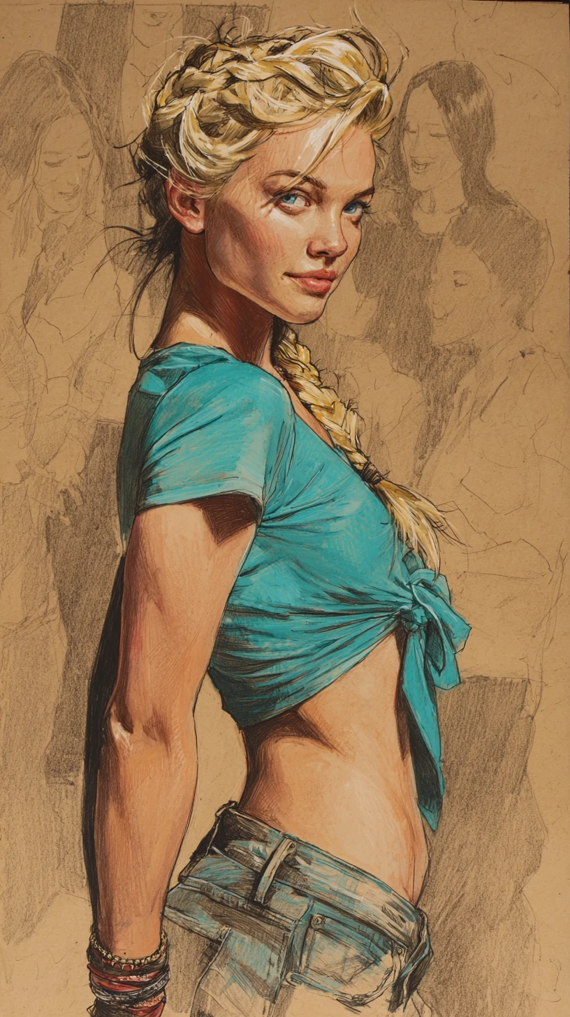 Tall athletic woman in turquoise top color pencil drawing