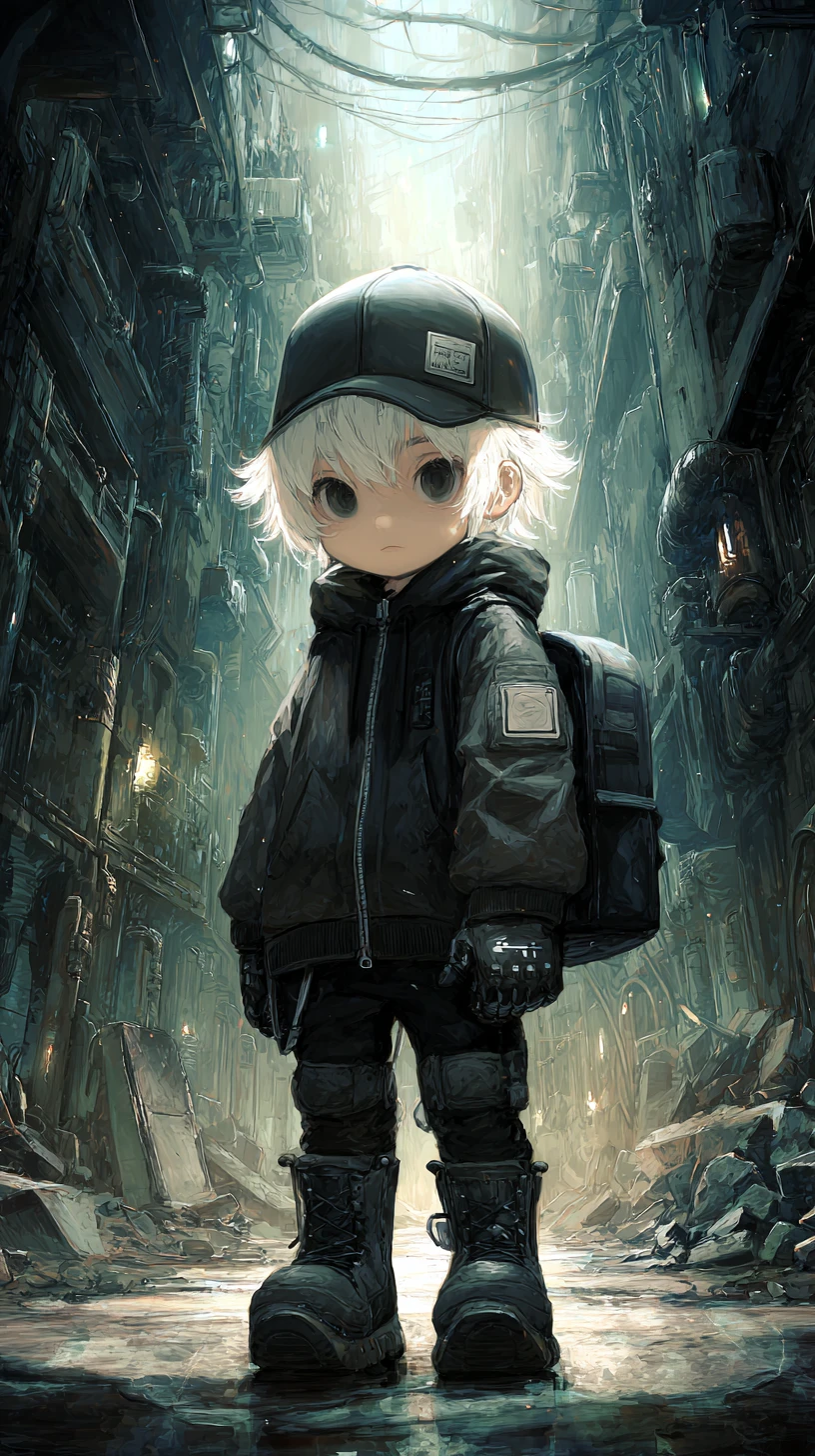 Anime boy in tactical gear walking through dark urban alley