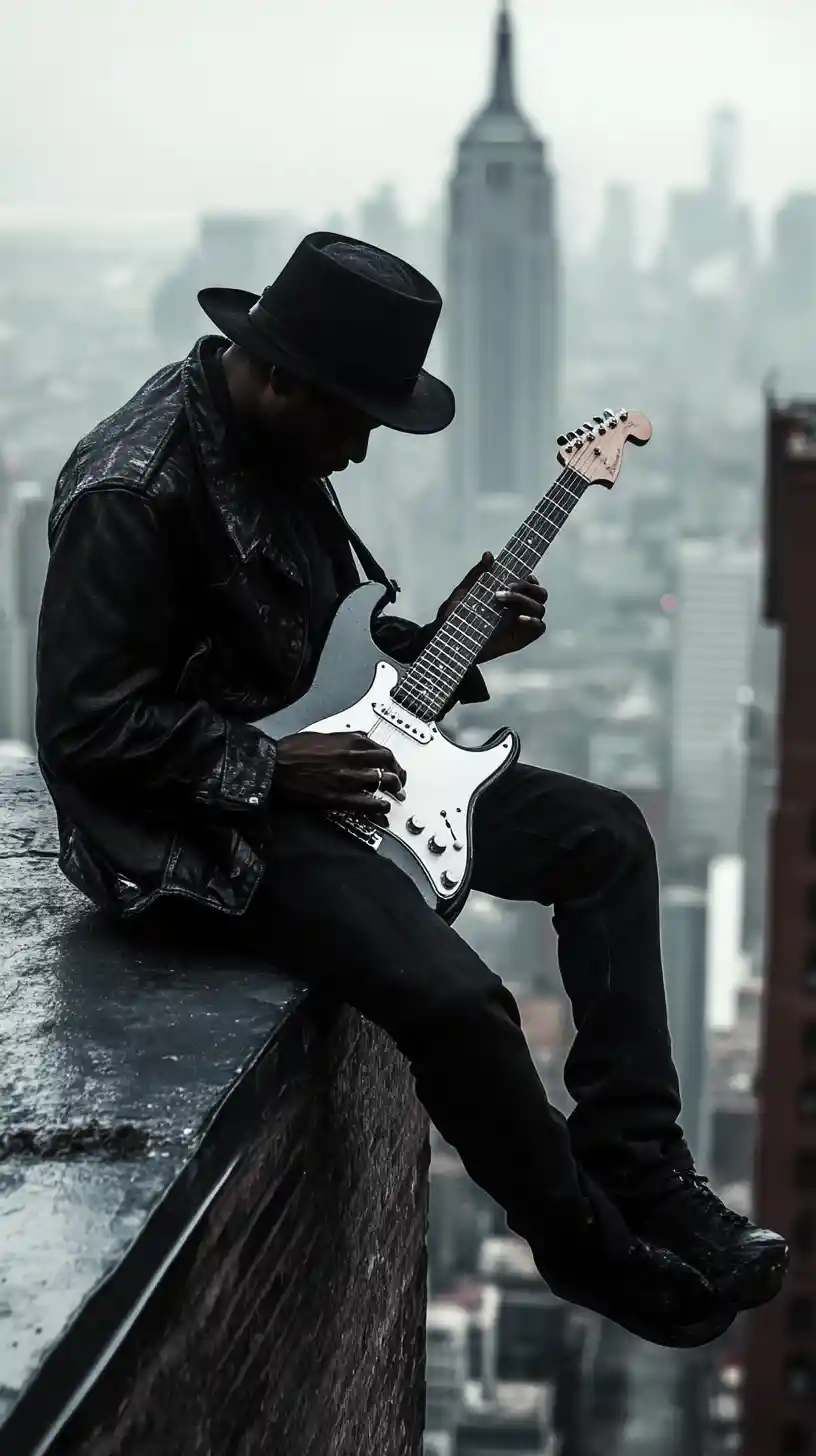 Blues guitarist on city rooftop with glowing white guitar