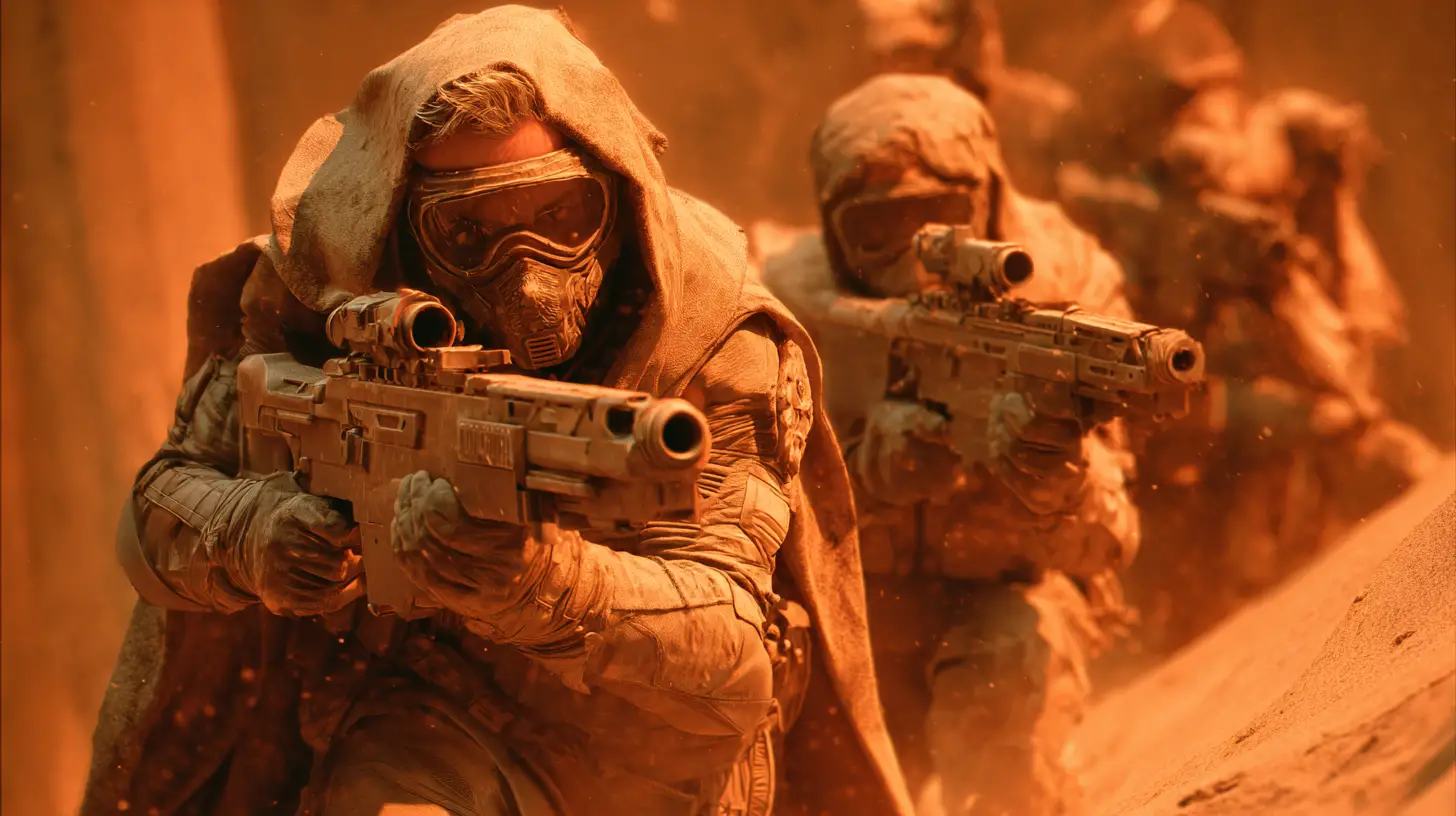 Sci fi marines in dynamic dune inspired battle scene