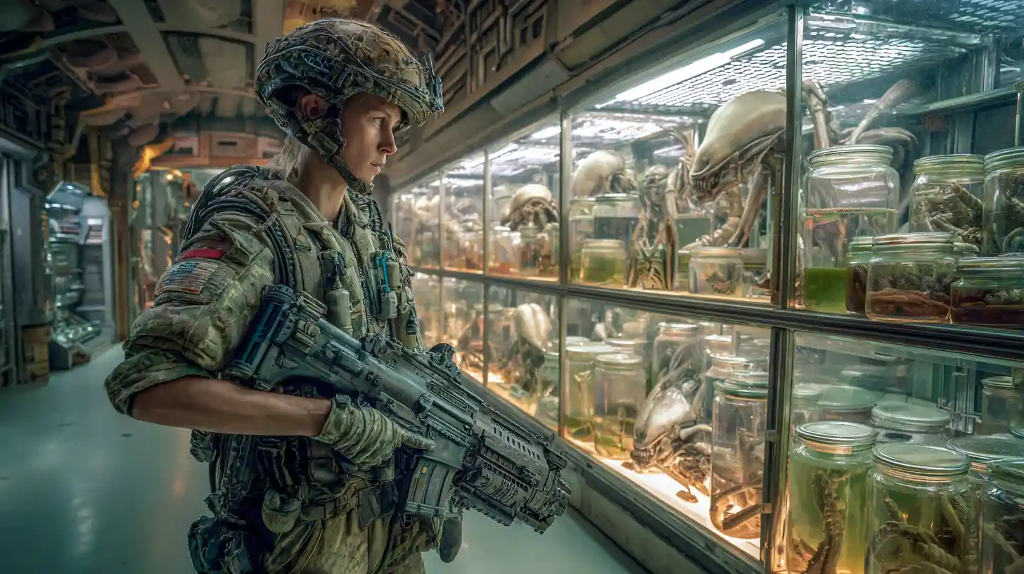 Space marine aiming heavy smartgun in spaceship corridor